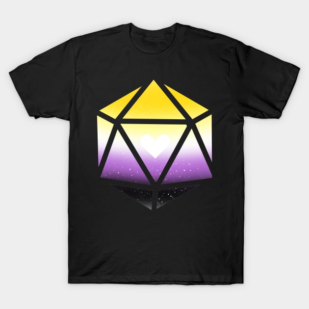 Non Binary Pride Heart D20 Dice T-Shirt by TheDoodlemancer